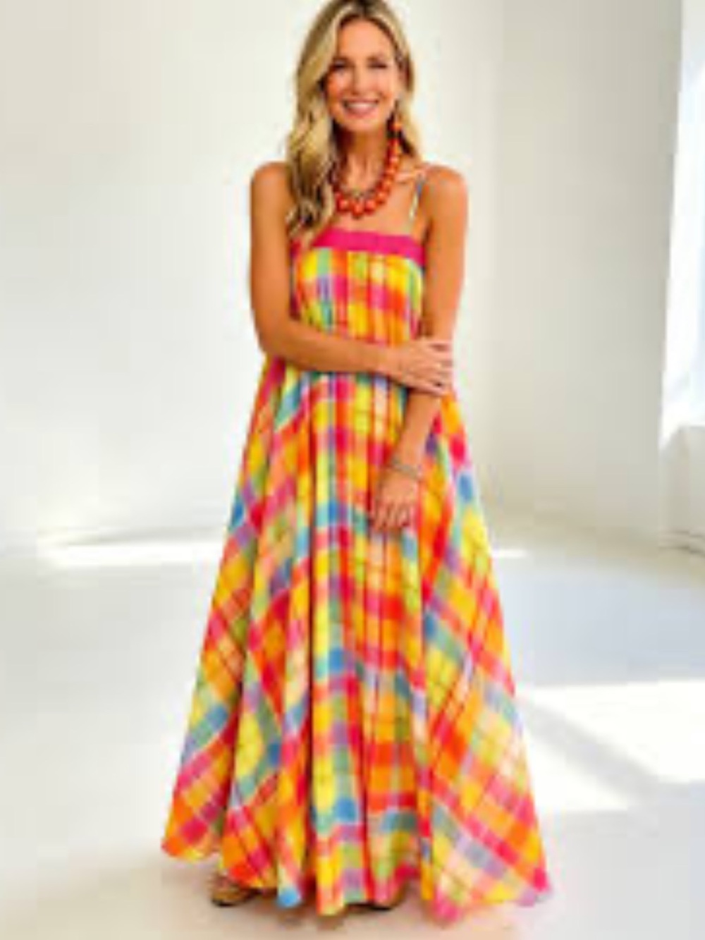 Women's Bright Multi-Color Madras Plaid Maxi Dress Strappy Maxi S NEW Fall Trend